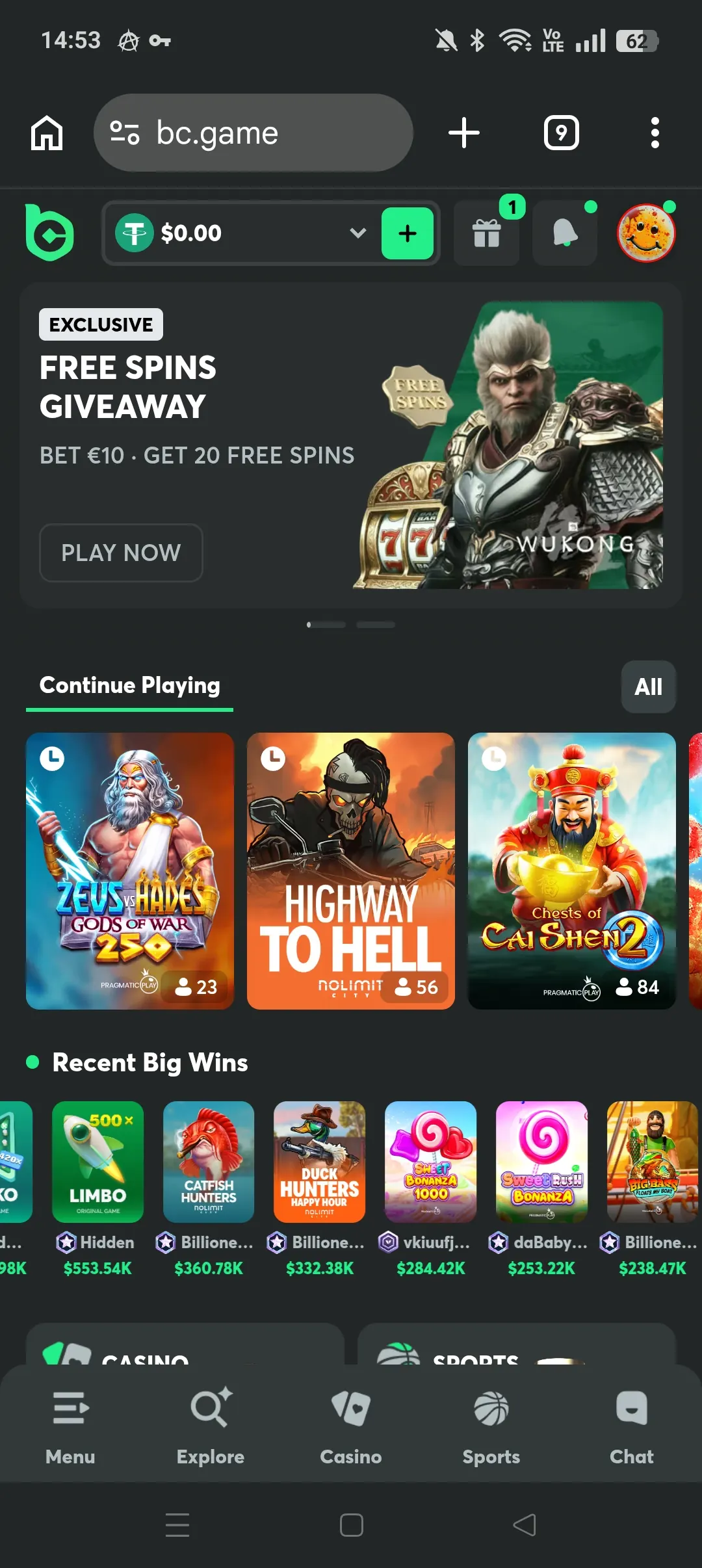 BC.GAME mobile interface