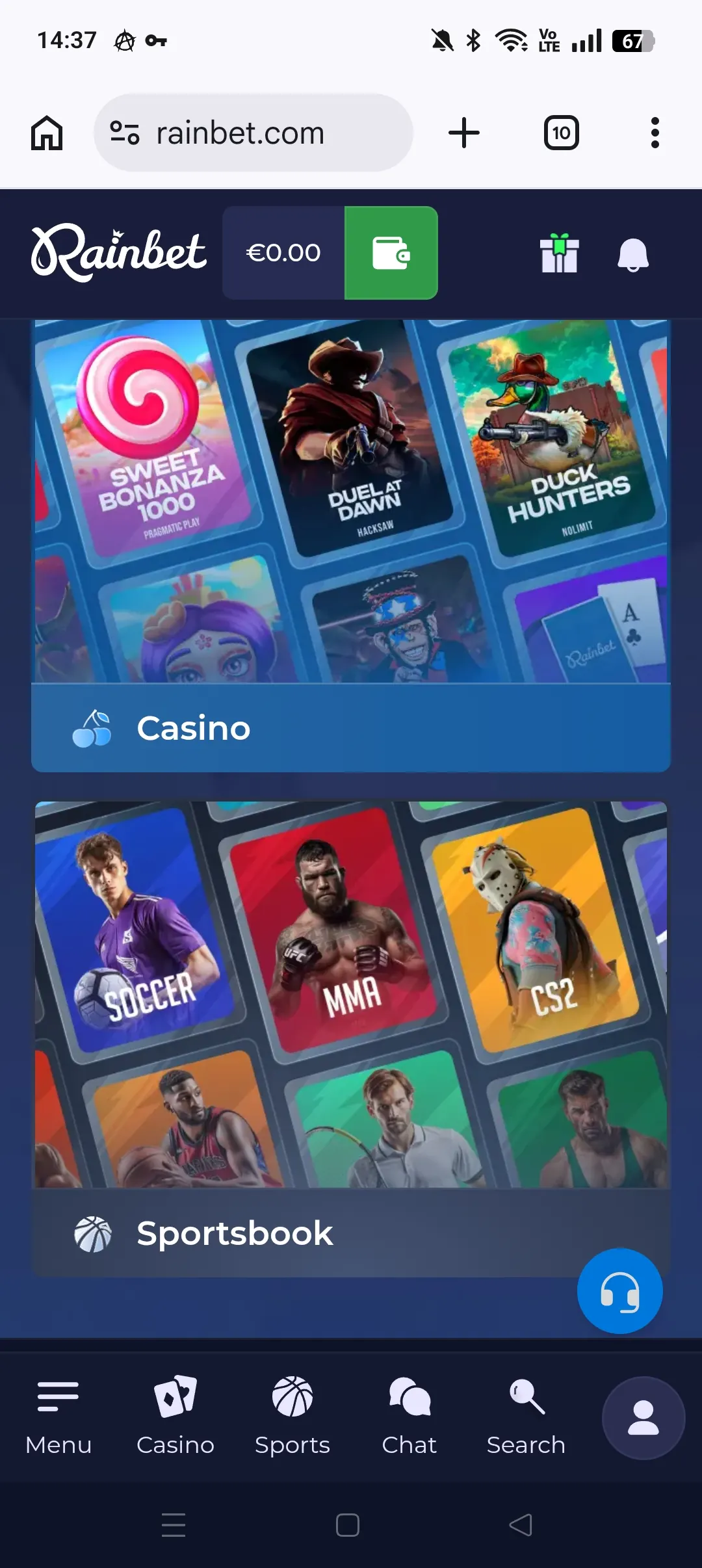 Rainbet mobile interface
