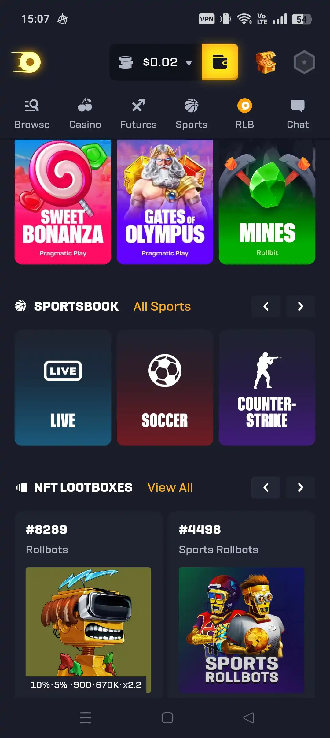 Rollbit mobile interface