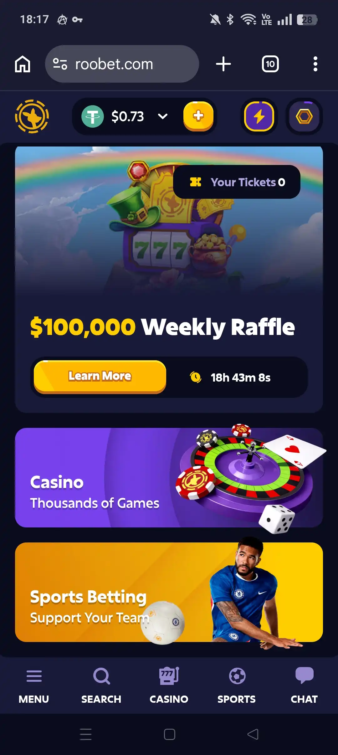Roobet mobile interface